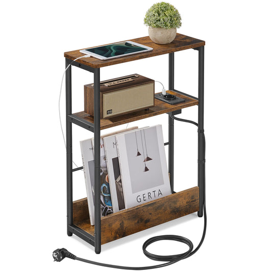 VASAGLE slim side table, nightstand with drawer, small coffee table, 3 shelves, magazine holder, for living room, bedroom, study, vintage brown-ink black LET335K02