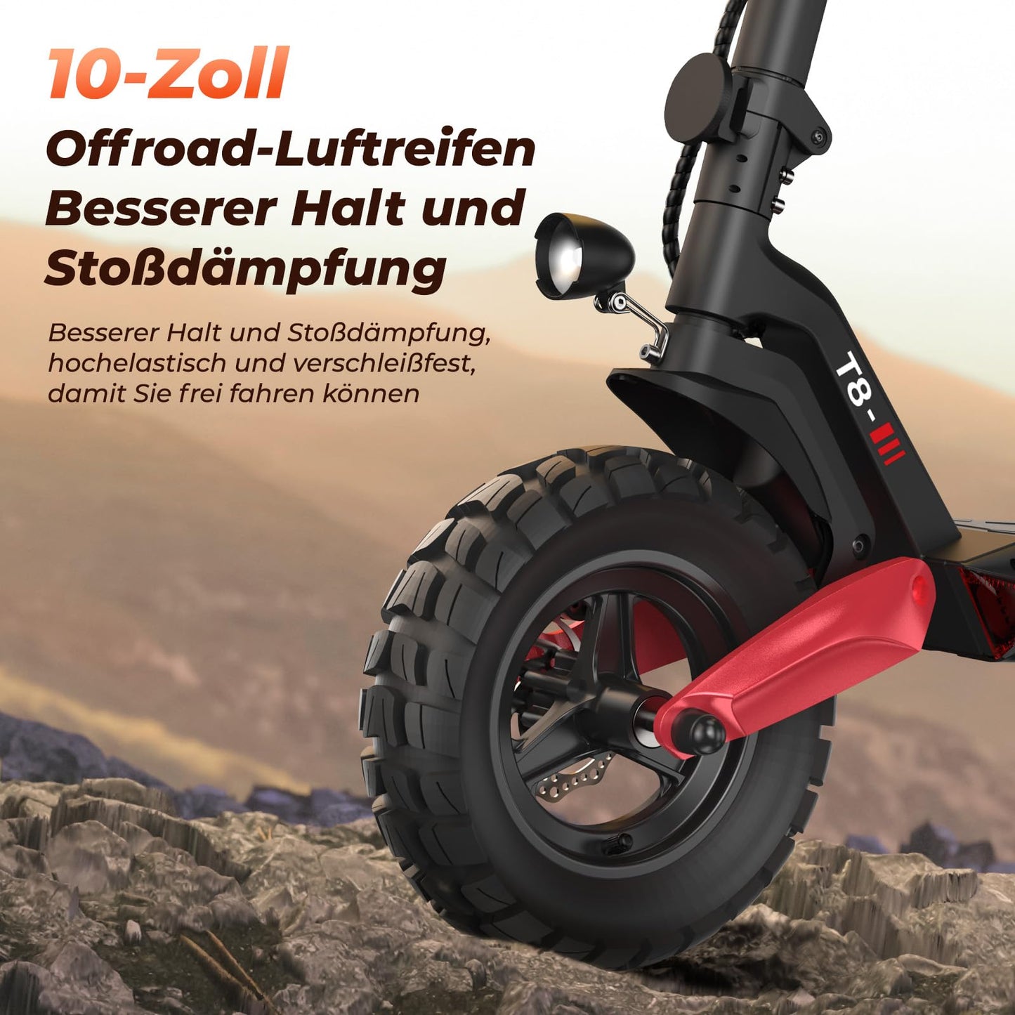 Street-legal e-scooter with 80-100 km range, 48V 15Ah battery, 10-inch off-road pneumatic tires, ABE electric scooter with dual suspension, foldable design, off-road capable for up to 150 KG, LED lights, app connectivity.