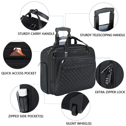 EMPSIGN Trolley Business Rolling Laptop with wheels, Rolling laptop bag for women fits up to 15.6 inch laptop, Rolling briefcase on wheels, Water resistant, with RFID pockets, black