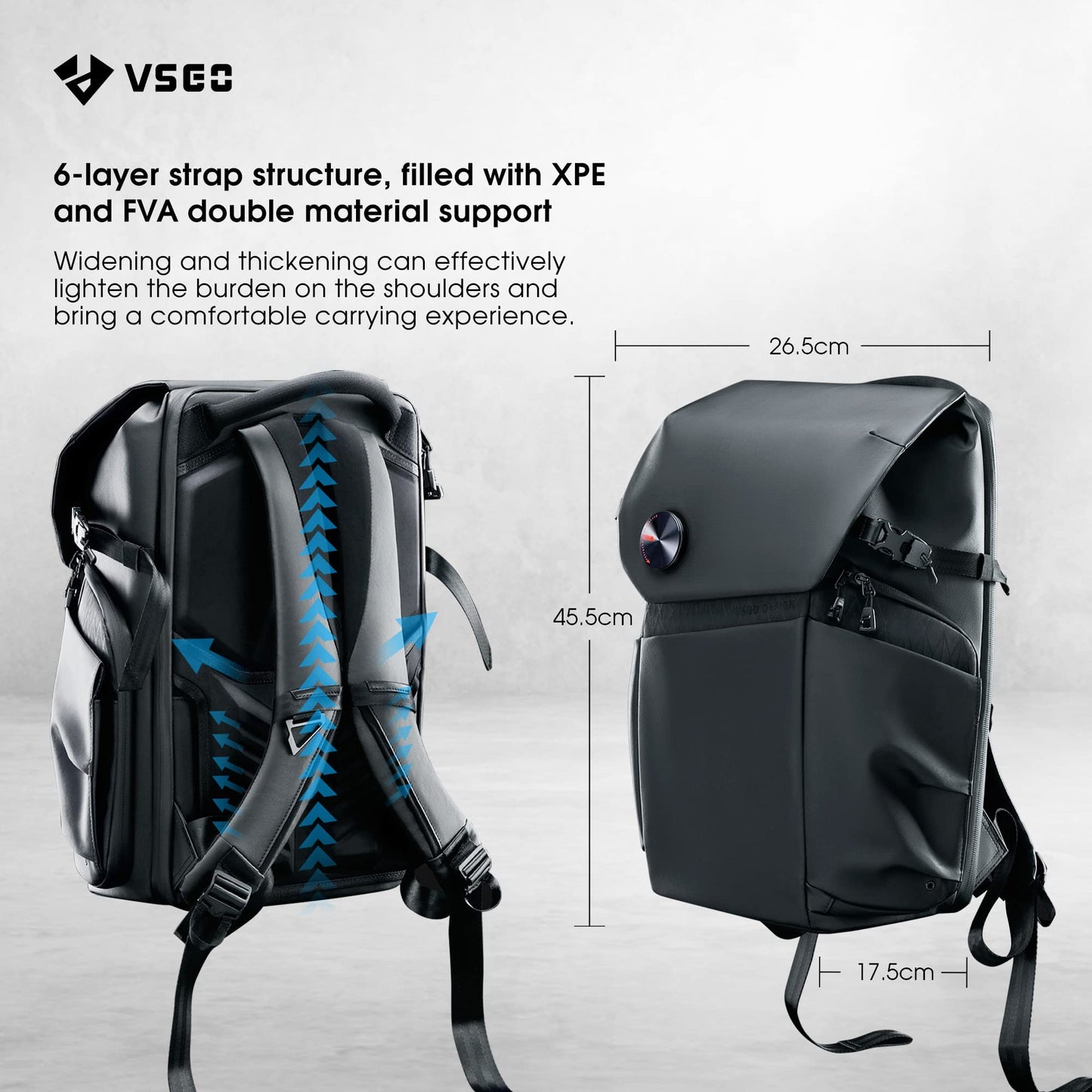 VSGO 20L Professional Camera Backpack designed for DSLR/SLR cameras like Sony, Canon, and Nikon. Also fits DJI RSC2 gimbals, tripods, 15.6" laptops, lenses, and other accessories. Made of waterproof TPU canvas, ideal for travel and outdoor use.