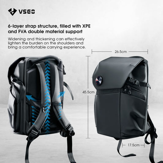 VSGO 20L Professional Camera Backpack designed for DSLR/SLR cameras like Sony, Canon, and Nikon. Also fits DJI RSC2 gimbals, tripods, 15.6" laptops, lenses, and other accessories. Made of waterproof TPU canvas, ideal for travel and outdoor use.