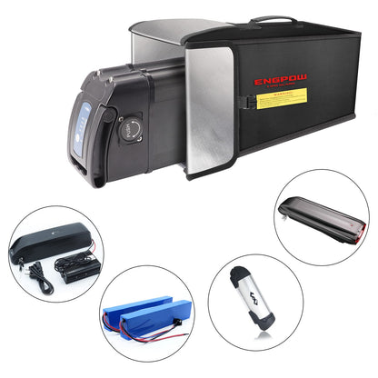 Ebike battery bag, fireproof up to 2000°F, organizer 45 x 15 x 20 cm, shockproof safety storage and transport for e-bike battery with Velcro and buckle.