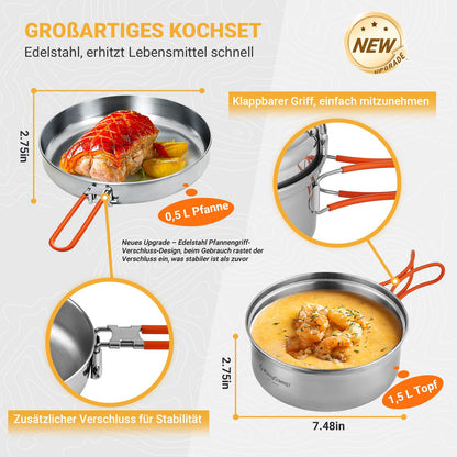 KingCamp Camping Cookware Set, Cookset Dishes Set, Stainless Steel Cooking Pot for 3-4 People, Outdoor Cooking, Picnic, Hiking.