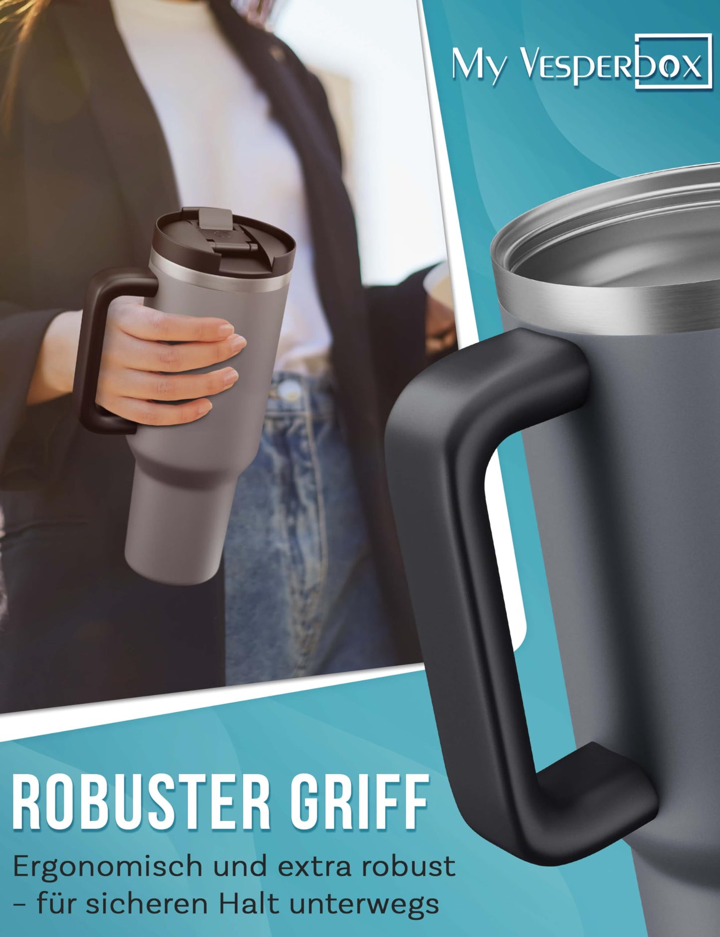 My Vesperbox Kinny Cup - thermos cup - water bottle with straw 500, 950, 1200ml - coffee mug to go - stainless steel thermos bottle BPA & melamine free
