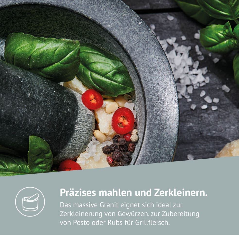 Diemker Premium Granite Mortar and Pestle Set, Ø 14 cm, removable wooden base, wooden spoon, and cleaning brush included. Perfect for grinding spices, nuts, making pesto, and as a grilling accessory.
