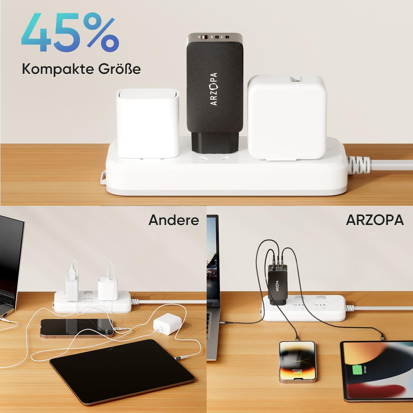 ARZOPA USB C Charger 65W USB-C Power Adapter GaN Charger 3-Port Fast Charger PPS Multiple Charger Compatible with MacBook Pro/Air, iPad Pro, iPhone 16, Samsung Galaxy S24 Ultra, Dell XPS 13, Pixel