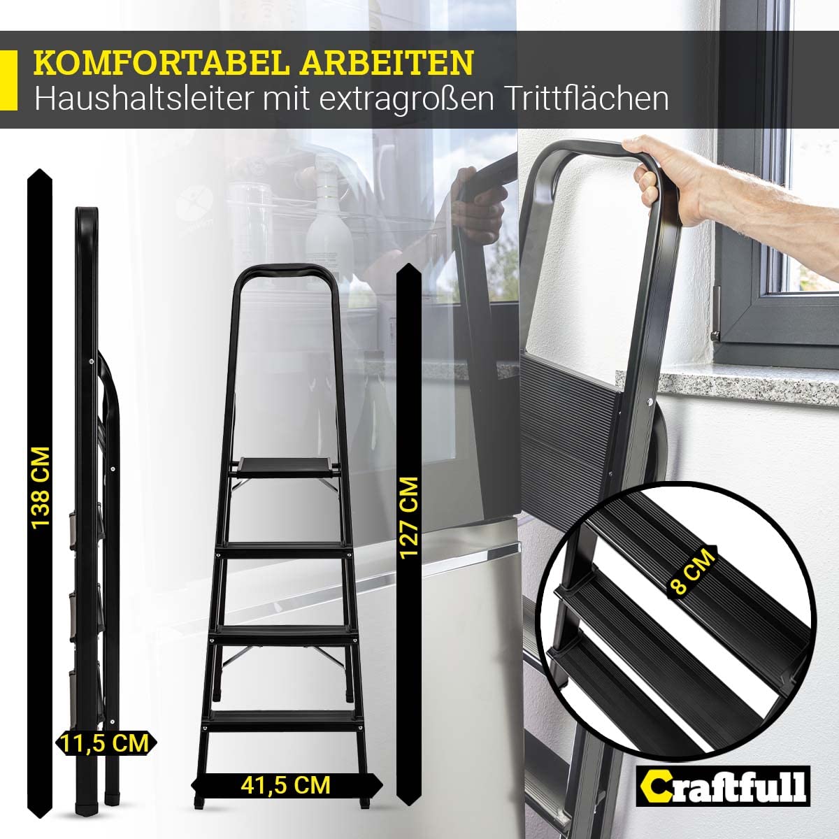 CRAFTFULL Step Ladder CF-133A | 3 Steps - 2-6 Step Ladder - Folding Step Stool - Stairway Ladder - Folding Ladder - Household Ladder - Stepladder (4 Steps Black Edition)