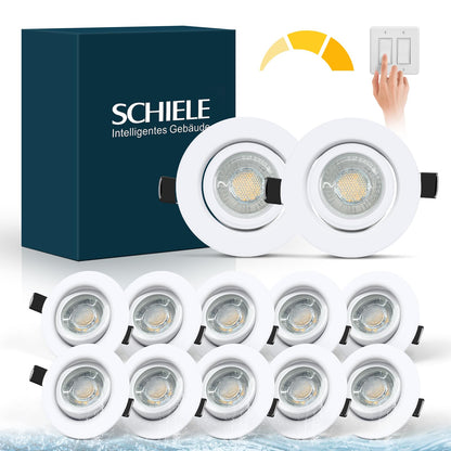 Schiele LED recessed spotlights, flat spots, 230V, dimmable, 68-78mm cutout, 7W warm white ceiling spots, white IP44 for bathroom living room, set of 12.