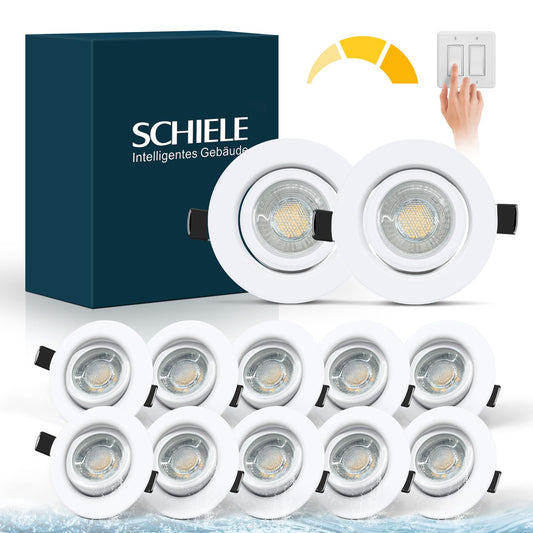 Schiele LED recessed spotlights, flat spots, 230V, dimmable, 68-78mm cutout, 7W warm white ceiling spots, white IP44 for bathroom living room, set of 12.