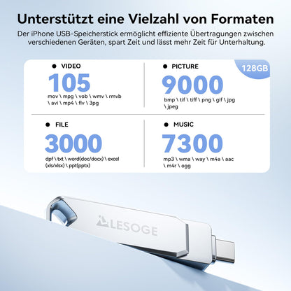 LESOGE MFi-Certified 128GB USB C Stick, Mini USB Stick for Saving Photos on Phones, 3 in 1 USB C and 3.0 Stick, External Storage for Photos and Videos, Photo Stick for iPhone/iPad/Android/PC/Mac (Silver)