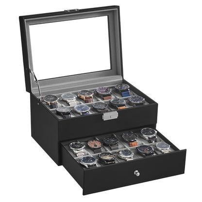 SONGMICS Watch Box, Watch Case with Glass Lid, 2 Levels, Watch Holder with Removable Watch Pillows, Watch Organizer, Gift Idea, PU Cover in Black, Velvet Lining in Grey JWB020