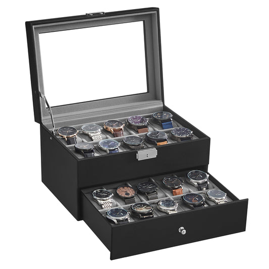 SONGMICS Watch Box, Watch Case with Glass Lid, 2 Levels, Watch Holder with Removable Watch Pillows, Watch Organizer, Gift Idea, PU Cover in Black, Velvet Lining in Grey JWB020