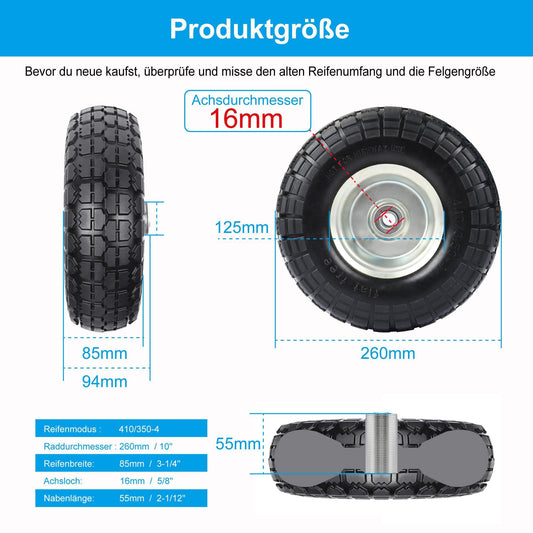 4 pieces of hand truck wheelbarrow wheels with solid rubber tires - solid rubber tires 4.10 3.50-4, wagon replacement wheels 260 x 85 mm, wheel axle 16mm