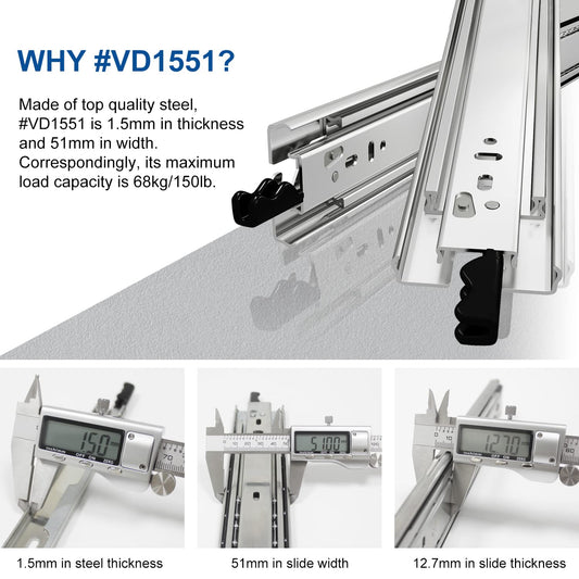 VADANIA Drawer Slides with Lock 1000mm, 35kg Load Capacity Heavy Duty Full Extension Ball Bearing Side Mount #VD1551, 1 Pair