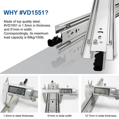 VADANIA drawer slides with lock 700mm, 53kg capacity Heavy duty full extension ball bearing Side mount #VD1551, 1 pair
