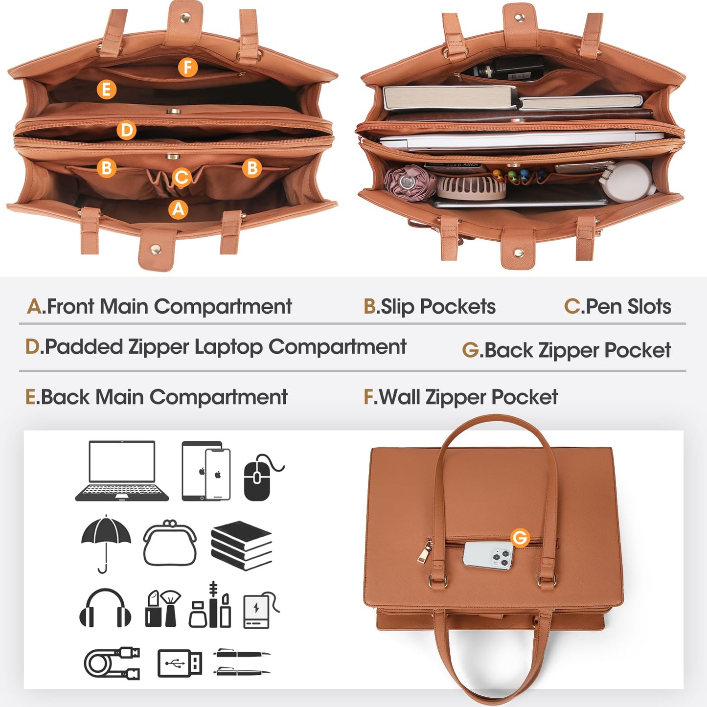 NEWHEY Handbag Women Shopper Women Large Brown Bag Women Laptop Bag 15.6 Inch PU Leather Shoulder Bag Work Bag for Business Work School