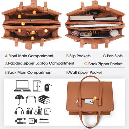 NEWHEY Handbag Women Shopper Women Large Brown Bag Women Laptop Bag 15.6 Inch PU Leather Shoulder Bag Work Bag for Business Work School