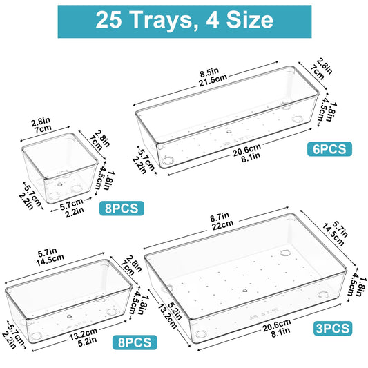 Radikor Drawer Insert Drawer Organizer - 25 Pieces Vanity Organizer in 4 Sizes, Drawer Organizer, Make Up Organizer, Drawer Storage System for Desk, Office, Kitchen, Bathroom