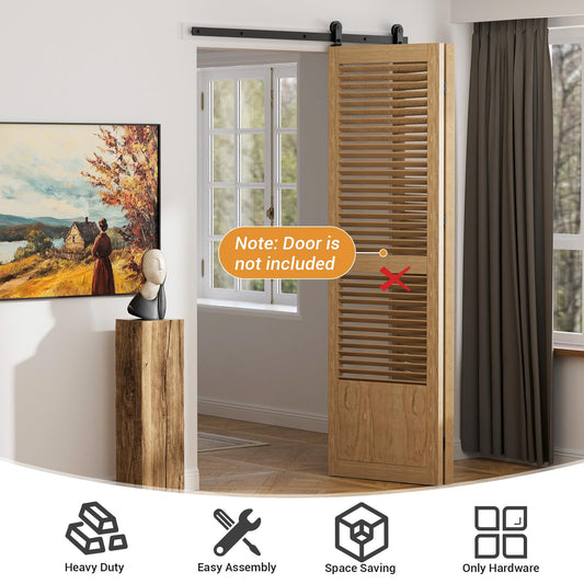 3.3FT (102cm) Bifold Sliding Door Hardware Kit for 2 wooden doors. Includes track, rollers, and top mount T guide in black color.