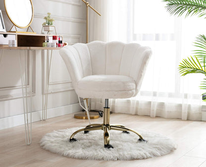 Wahson office chair made of faux fur swivel chair with wheels computer chair height adjustable, desk chair for bedroom/vanity, White