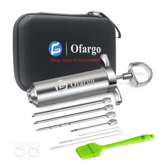 Ofargo meat injector made of 304 stainless steel, with 4 marinade needles and travel case for grilling, smoking, 57ml, large capacity, user manual, and eBook recipe.