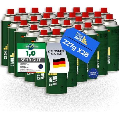 STAHLMANN® 28x Gas Cartridges 227g [Made in EU] - Butane gas cartridge with MSF-1a valve for camping stoves, grills, gas cookers, gas heaters, weed burners - Gas cartridges