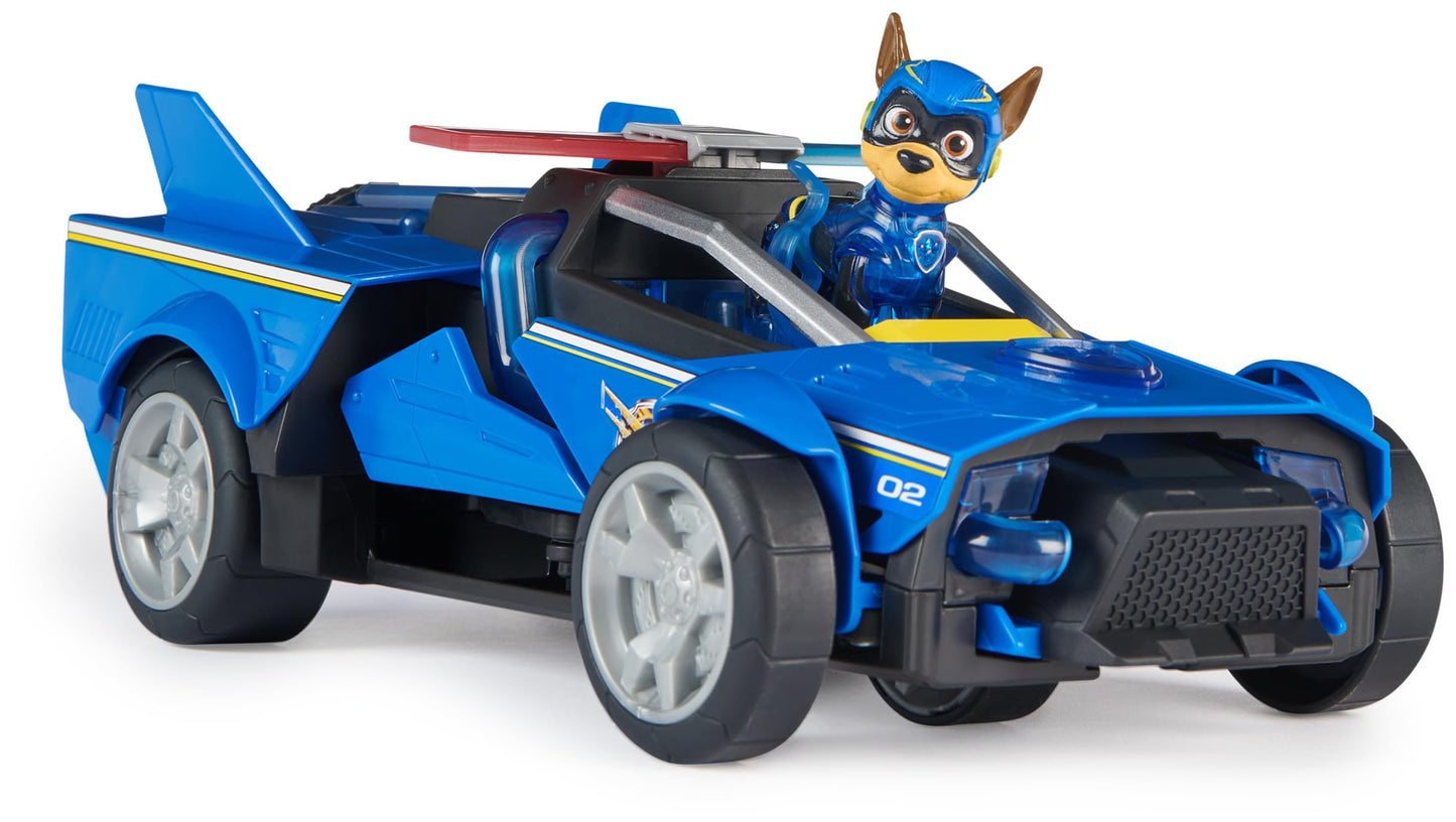 PAW PATROL: The Mighty Pups Movie, 40cm long Chase Deluxe Superhero Rocket Vehicle incl. Chase figure, lights and sounds, suitable for children aged 3 and up.