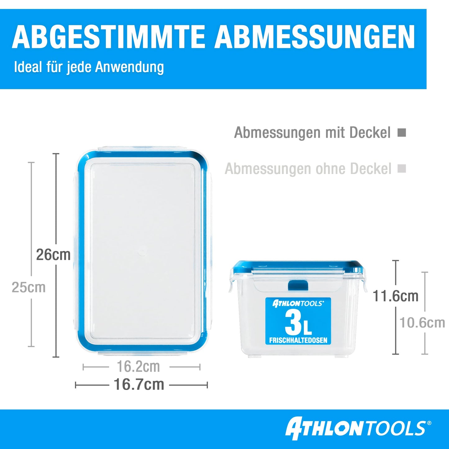 ATHLON TOOLS 4x 3L Fresh-keeping container set in gastro-quality - 100% airtight and leak-proof -40 to +100 degrees - for all foods - BPA-free - storage containers for refrigerator (3 L | 4 pcs)