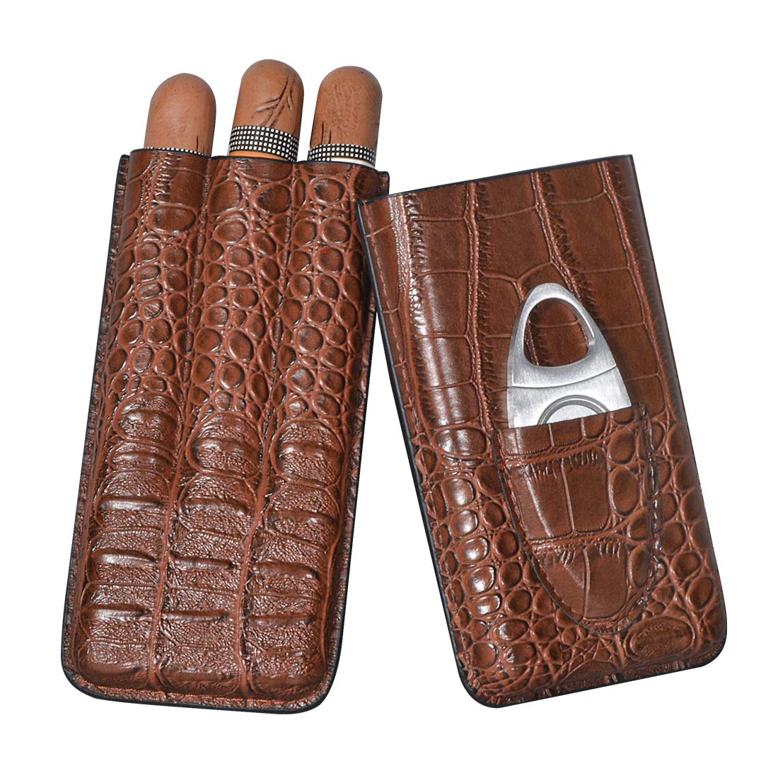 Volenx Cigar Case, 3 Tube Humidor with Cigar Cutter, Portable Travel Humidor Cigars made from Crocodile Grain Leather, Great Gifts for Men (Brown)