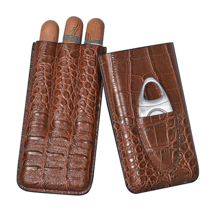 Volenx Cigar Case, 3 Tube Humidor with Cigar Cutter, Portable Travel Humidor Cigars made from Crocodile Grain Leather, Great Gifts for Men (Brown)