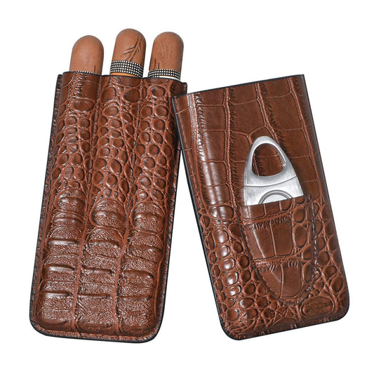 Volenx Cigar Case, 3 Tube Humidor with Cigar Cutter, Portable Travel Humidor Cigars made from Crocodile Grain Leather, Great Gifts for Men (Brown)