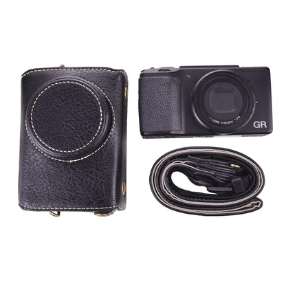 Rieibi GR II bag vintage PU leather camera case for GR II GRII GR2 DSLR camera protective cover with strap black, black, retro style