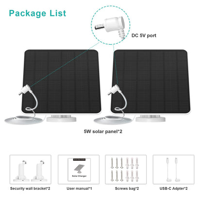 5W solar panel for Ring camera, solar charger compatible with Ring Stick Up Cam/Pro battery, Spotlight Cam Plus/Pro battery. Camera solar panel includes barrel plug to USB-C adapter, pack of 2.