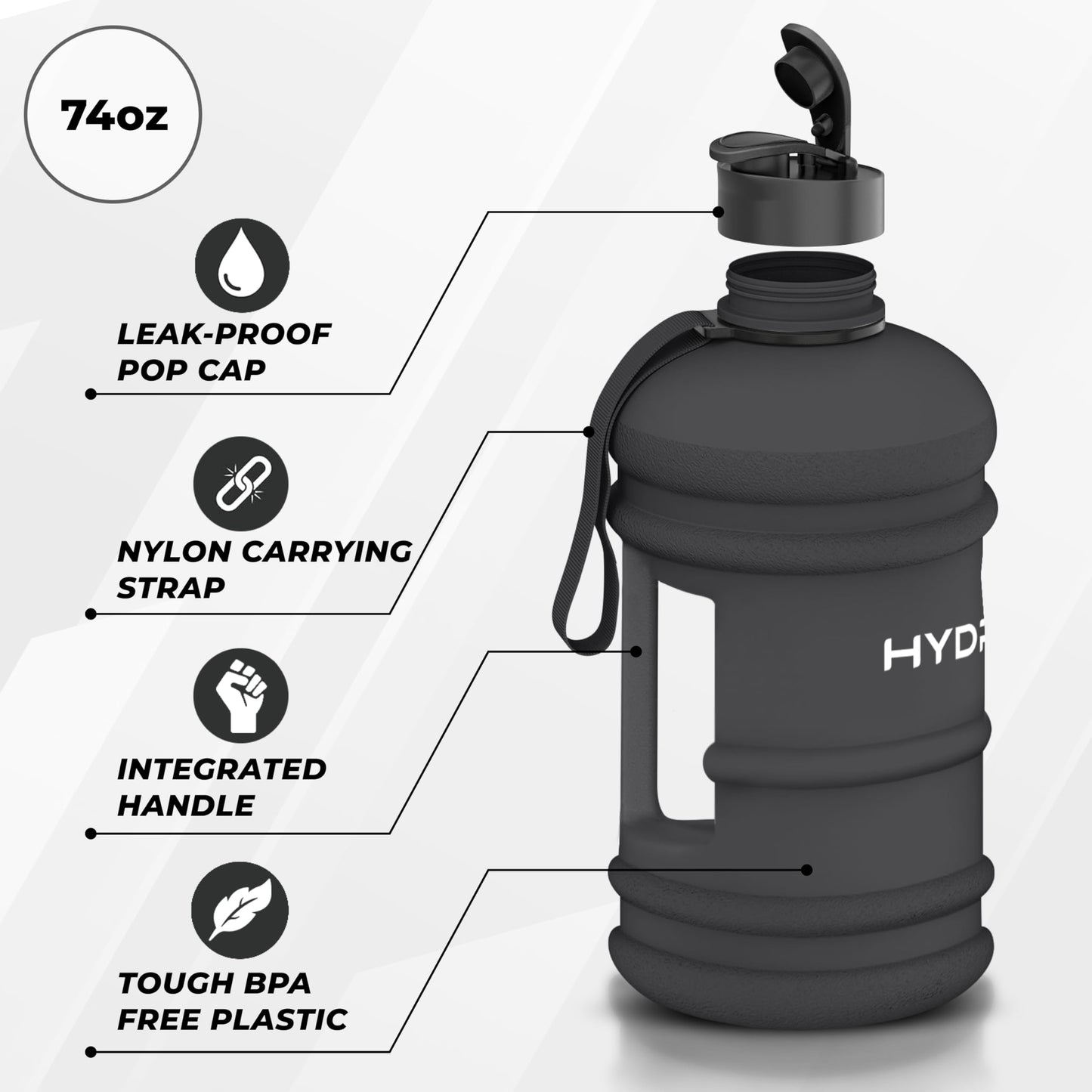 HYDRATE XL Jug, water bottle, BPA-free, leak-proof, flip lid, perfect for gym, sports, and on the go, clear water container, durable material, matte black, 2.2 l