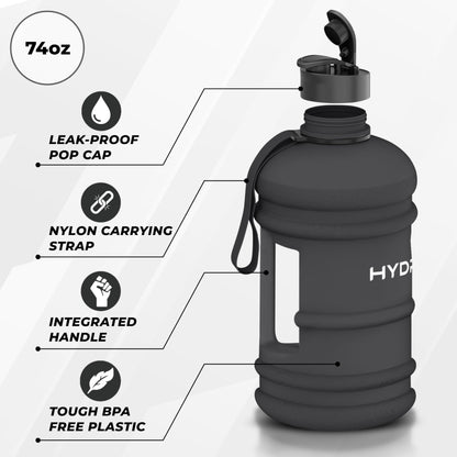 HYDRATE XL Jug, water bottle, BPA-free, leak-proof, flip lid, perfect for gym, sports, and on the go, clear water container, durable material, matte black, 2.2 l