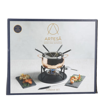 Artesà Fondue Set with 6 forks and stainless steel pot, ceramic bowl, metal stand and burner, for chocolate, cheese, or meat.