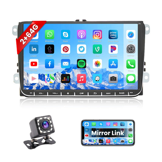 2+64G Android car radio for VW Golf 5 Golf 6 Skoda Passat B6 Passat B7. 9-inch touch display car stereo with GPS, WiFi, mirror link, Bluetooth, rearview camera, and microphone.