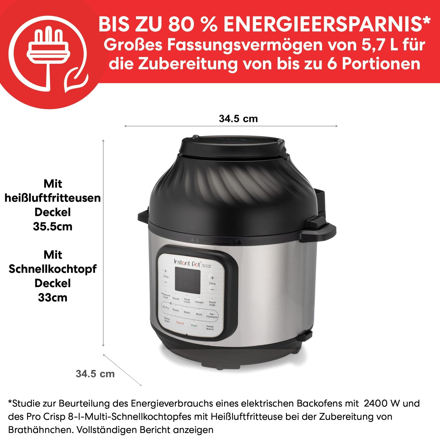 Instant Pot Duo Crisp + Air Fryer 11-in-1 Electric Multi-Cooker 5.7L - Pressure Cooker, Air Fryer, Slow Cooker, Steam Cooker, Dehydrator with Grill, Keep Warm, and Bake functions, Stainless Steel