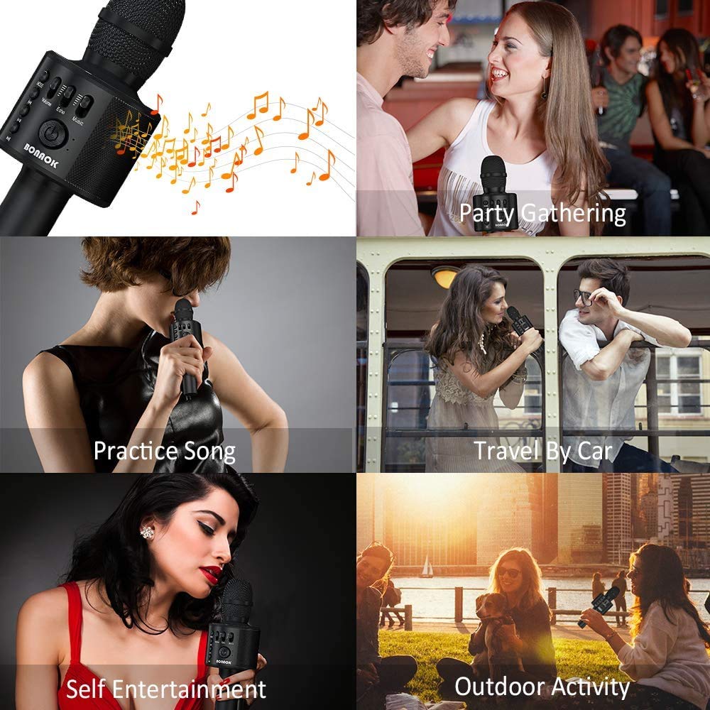 BONAOK Bluetooth Karaoke Microphone for Adults, Portable 3 in 1 Karaoke Mic, Handheld Home Birthday Gift Karaoke Microphone for iPhone, for Android, for PC, for Smartphone (Black)