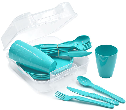 31-piece picnic set, picnic basket, and reusable tableware for 6 people, perfect picnic kit for camping, beach, RV, and backpacking (turquoise)