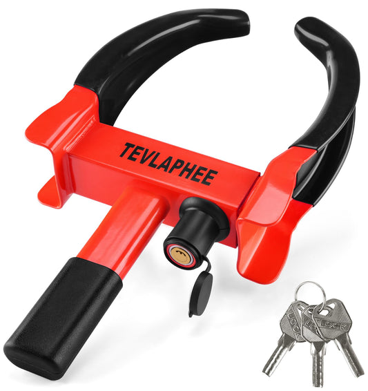 Tevlaphee Wheel Clamp with safety lock and 3 keys for cars, trailers, and caravans - tire width 19-30cm - Wheel lock tire clamp anti-theft security device (Black & Red)