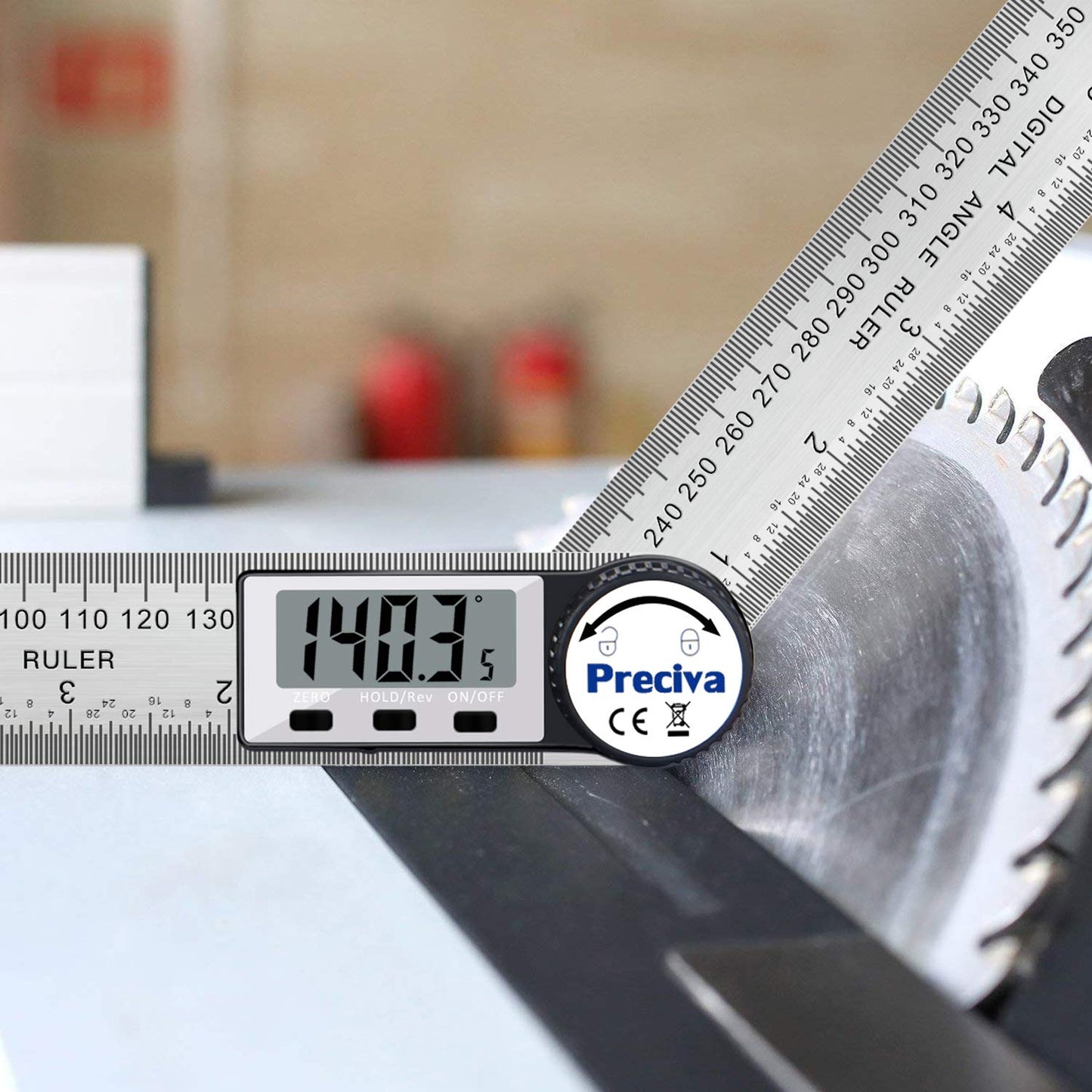 Protractor, Preciva Digital Protractor with HOLD screen and 180° rotating function, 400mm angle gauge ruler made of stainless steel for woodworking, DIY - large display