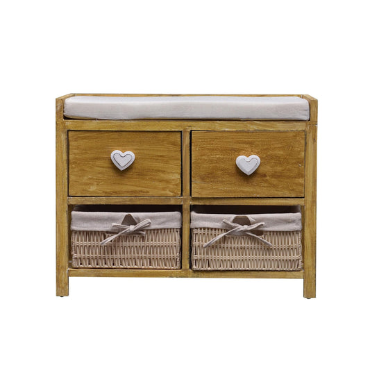 Rebecca wooden bench and wicker baskets, comfortable seat bench with 2 drawers and 2 wicker baskets, beige, shabby chic, for entryway or bedroom - Dimensions: 46 x 60 x 30 cm (HxLxB) - Art. RE4159
