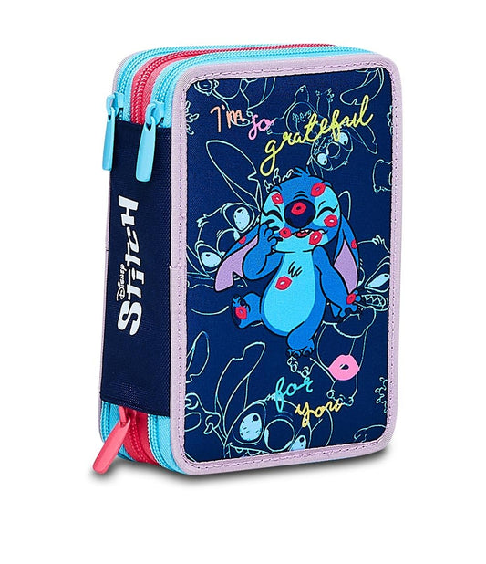 Seven pencil cases, multi-colored pouches with pencils, markers, and school supplies. Includes 3 compartments and perfect for girls in elementary school. XXL LILO&Stitch.
