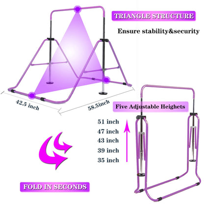 FINGER TEN Kids Gymnastics Bar, Horizontal Kip Bar Foldable Gymnastics Training Equipment 4 Heights Adjustable Horizontal Bars, Gymnastics Bar for Indoor Outdoor Home (Purple)