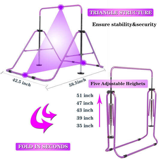 FINGER TEN Kids Gymnastics Bar, Horizontal Kip Bar Foldable Gymnastics Training Equipment 4 Heights Adjustable Horizontal Bars, Gymnastics Bar for Indoor Outdoor Home (Purple)