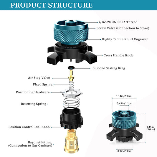 Jeebel Camp Valve Cartridge Adapter for Campingaz Easy-Click/CV gas cartridges. Transition from bayonet fitting to 7/16" screw thread connection.
