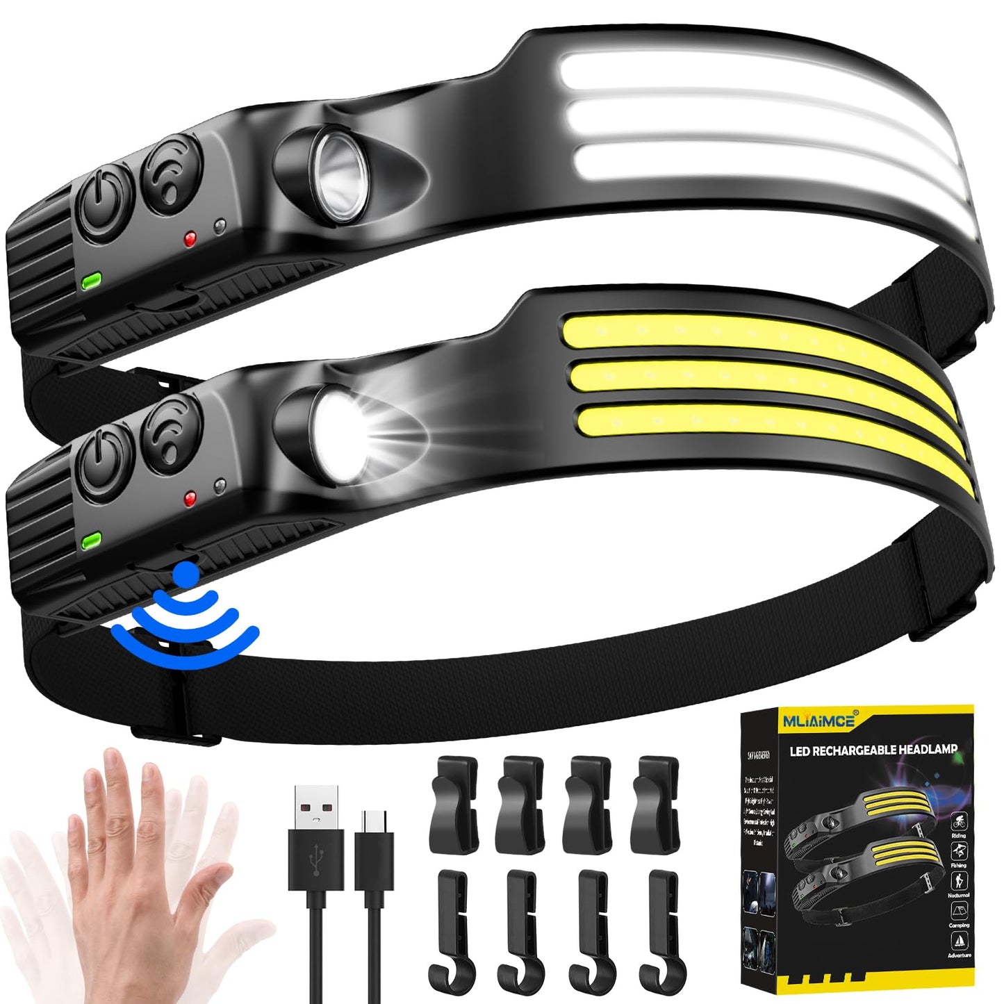 Headlamp LED Rechargeable, 3000 Lumens Super Bright 230° Wide Angle 3*LED White Light Sensor Headlamp Headlamp, IPX5 Waterproof 0.14lb Lightweight Headlamps for Camping, Jogging, Hiking, Fishing.