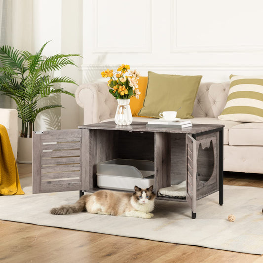 HOOBRO Cat Litter Box Cabinet, Cat Cabinet for Cat Toilet, Cat House Cat Furniture with Louvered Door, Pet Box with 4 Iron Feet, 80 x 45 x 50.5 cm, Greige EBG06MW01
