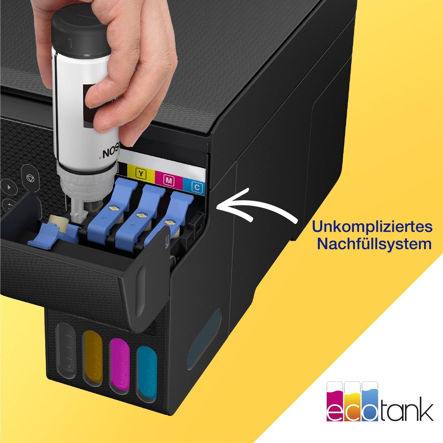 Epson EcoTank ET-2870 A4 multifunction Wi-Fi ink tank printer, with a supply of ink included that can last up to 3 years.